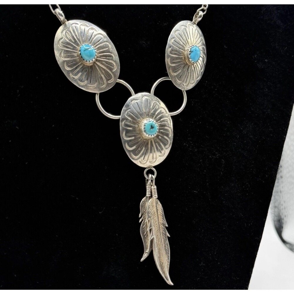 Vintage Southwestern Turquoise Concho Feather Necklace 925